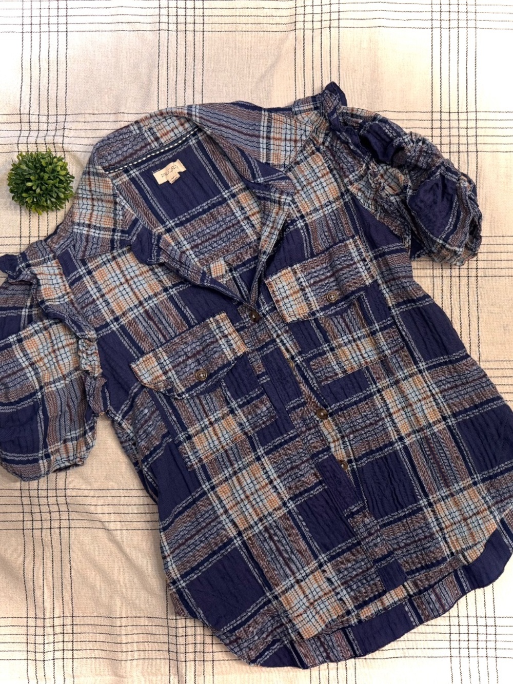 Pilcro Anthropologie Plaid Button Down Shirt XXS Blue Ruched Sleeve